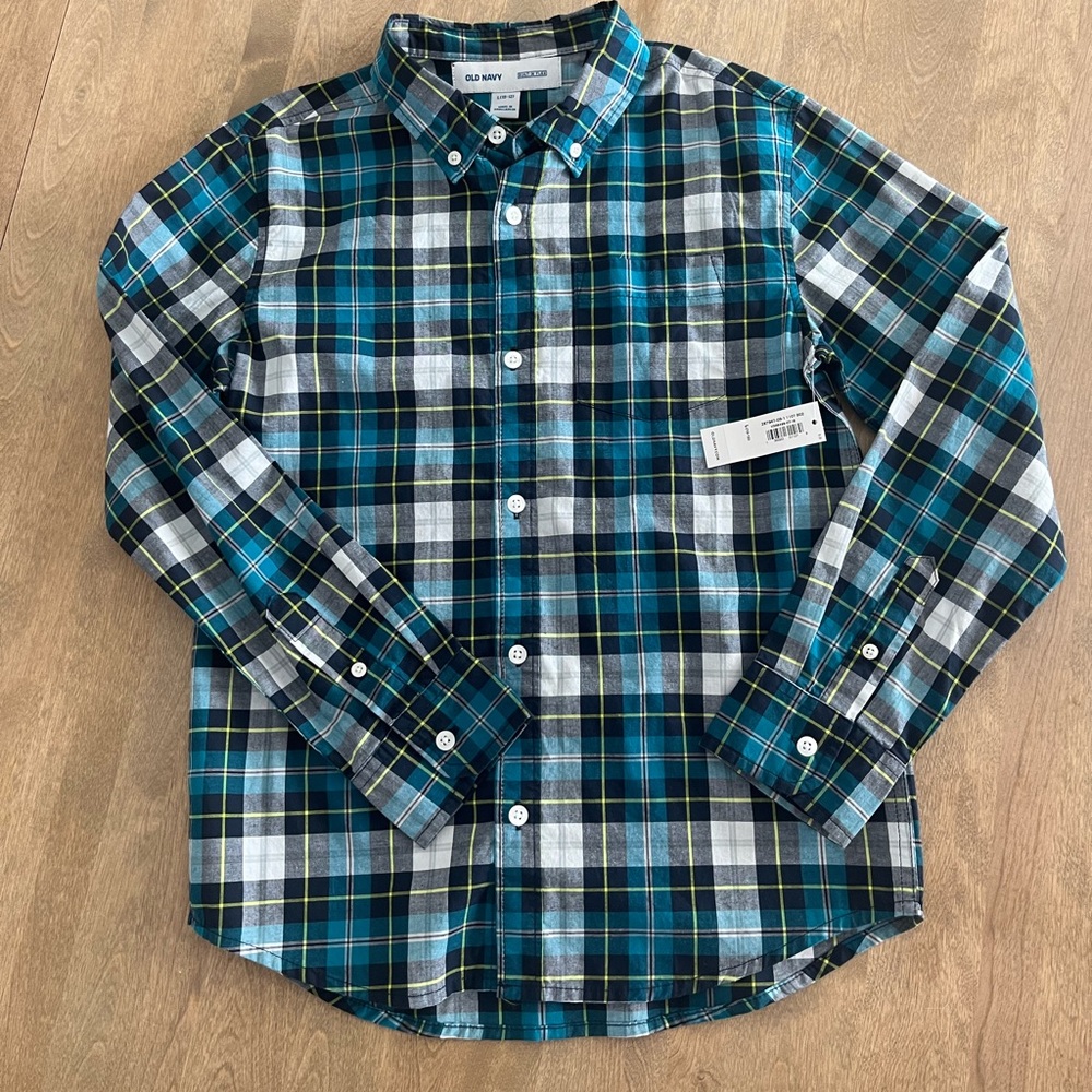Old Navy Boys Button Down Dress Shirt Plaid NWT (10-12)